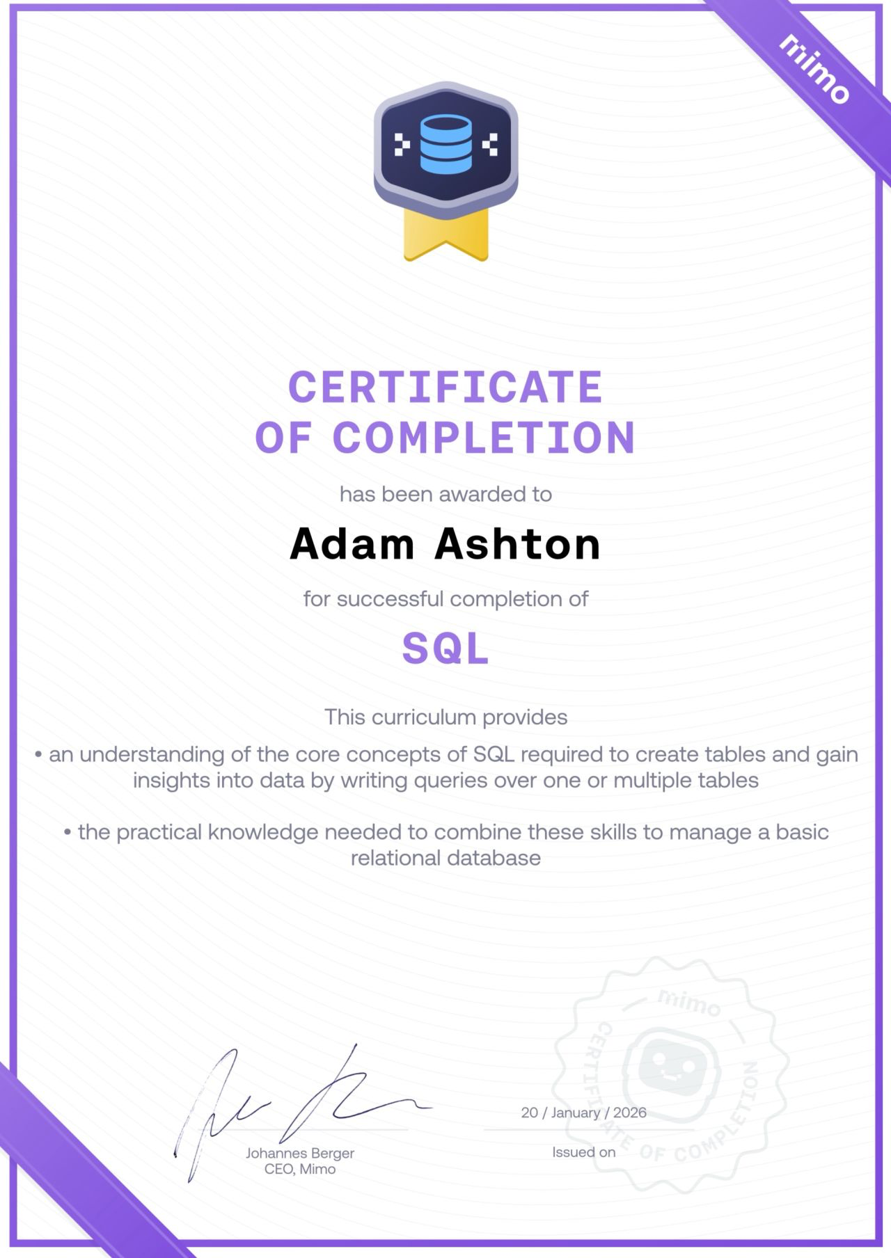 Memo SQL certificate